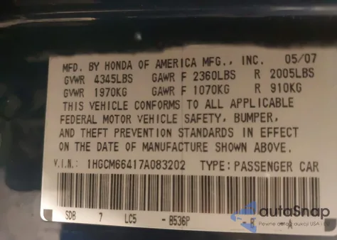 2007 Honda Accord 3.0 Se from USA, damaged, VIN 1HGCM66417A083202